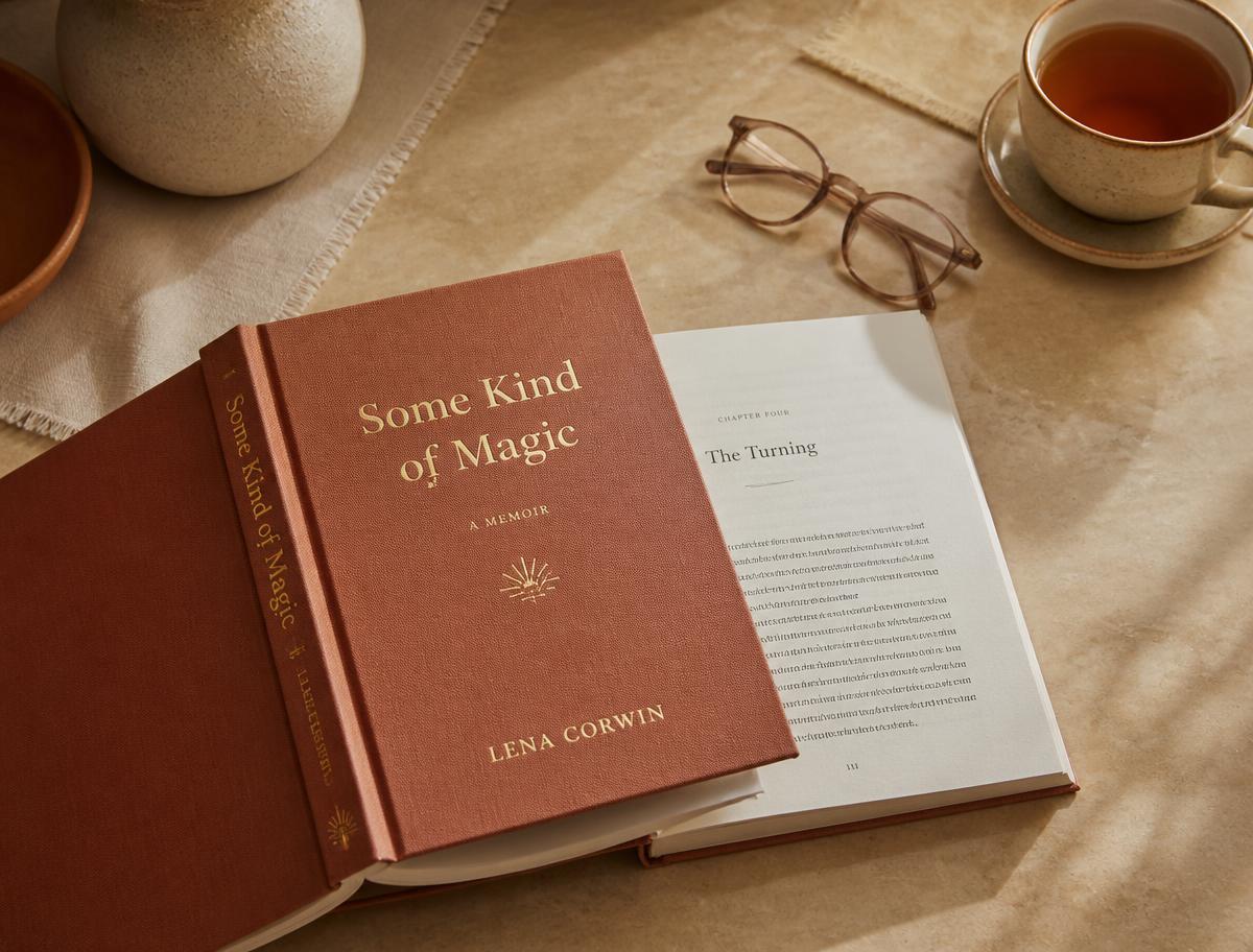 A printed linen hardcover memoir lying open on a table